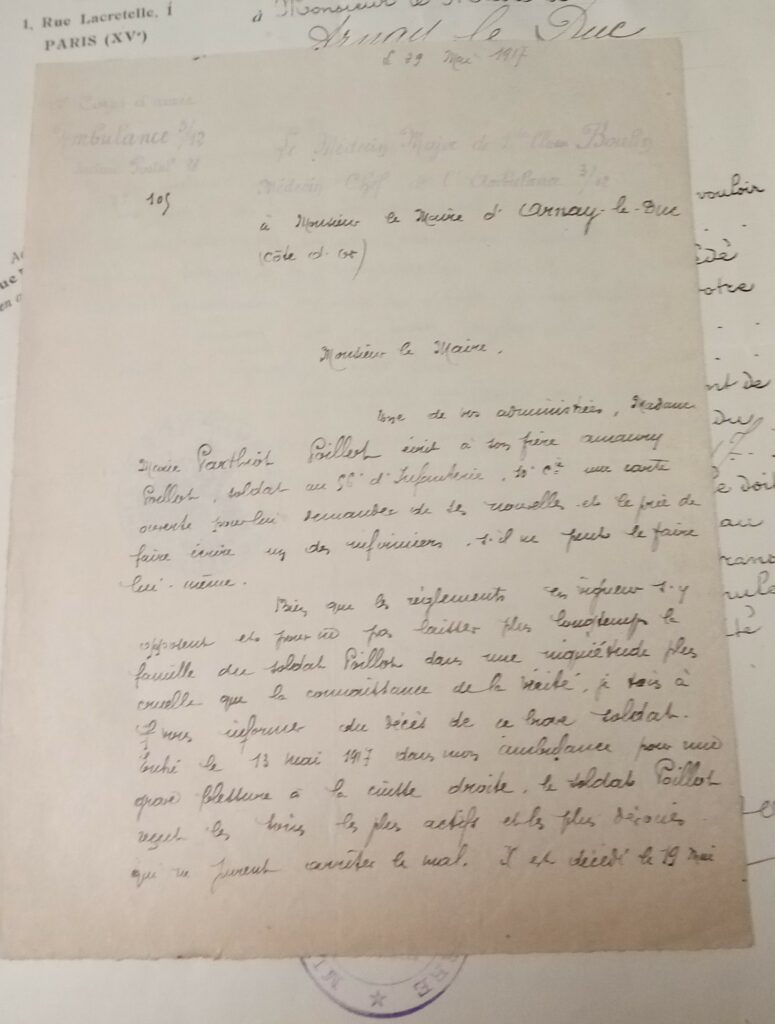 Recto de la lettre de Boulin conservée aux archives municipales d'Arnay-le-Duc